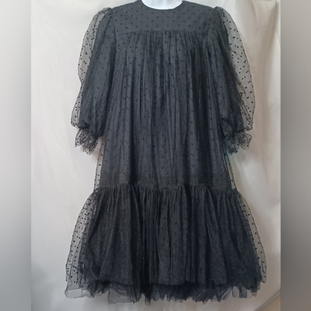 Mauve Girls Black Mesh Swiss Dots Tiered Gathers Midi Dress. 14Y